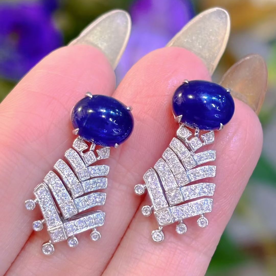 14k Gold 5.8 Ct Natural Sapphire & Diamond Earrings - 4