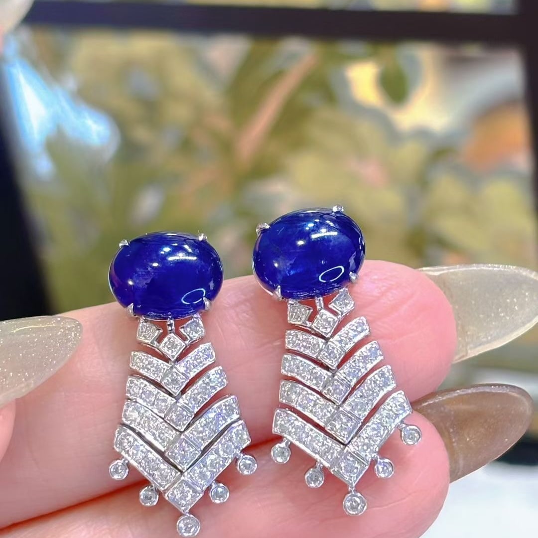 14k Gold 5.8 Ct Natural Sapphire & Diamond Earrings - 7