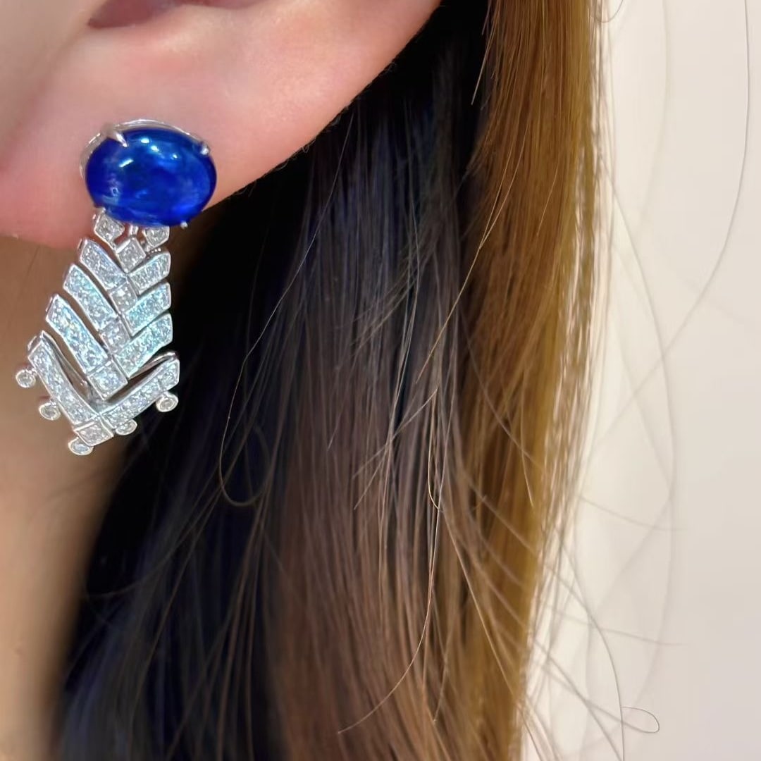 14k Gold 5.8 Ct Natural Sapphire & Diamond Earrings - 8