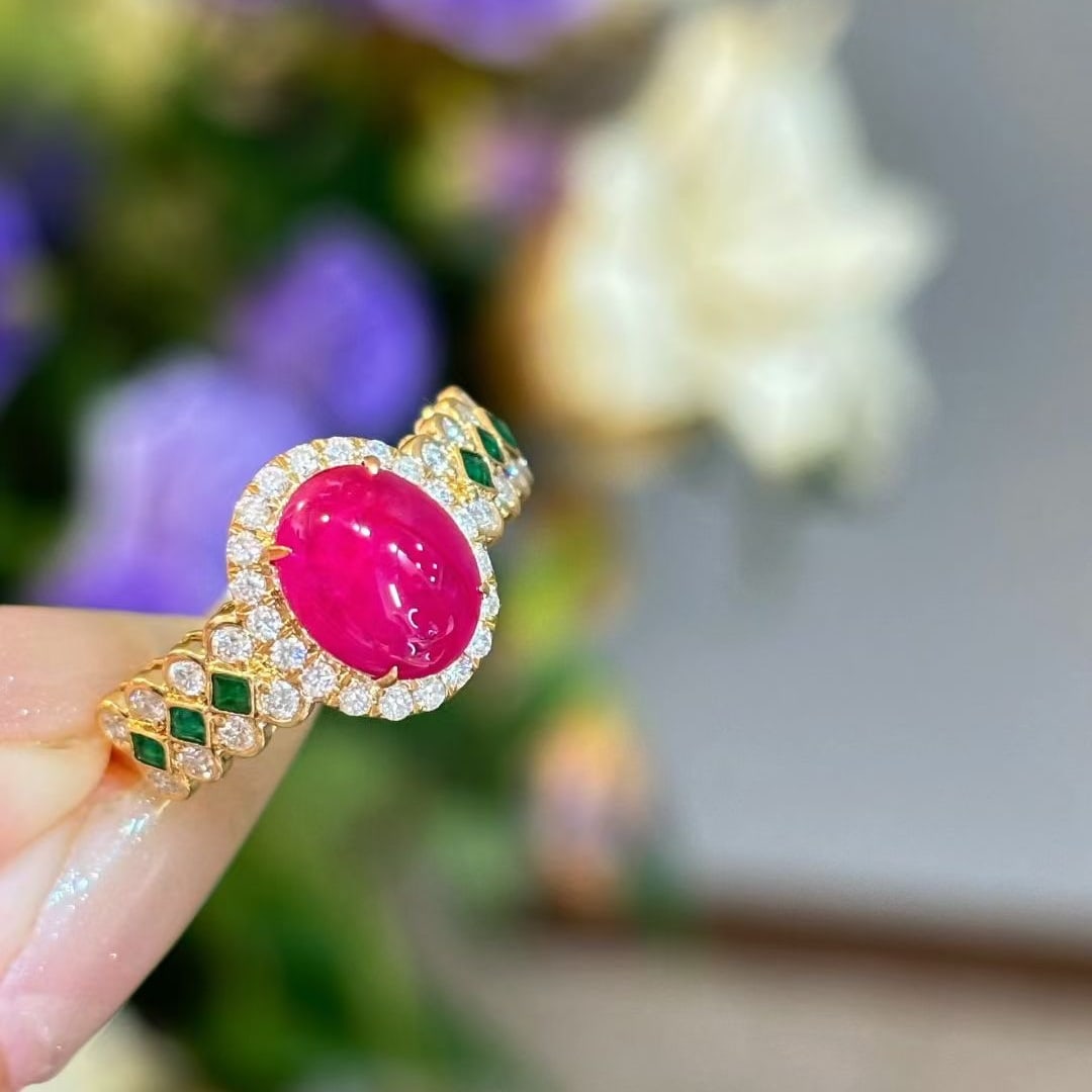 14k Gold 2.2 Ct Natural Ruby & Diamond & Emerald Ring - 2