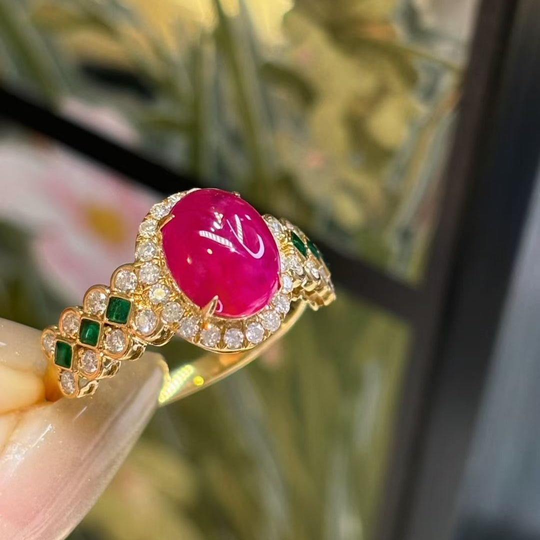 14k Gold 2.2 Ct Natural Ruby & Diamond & Emerald Ring - 4