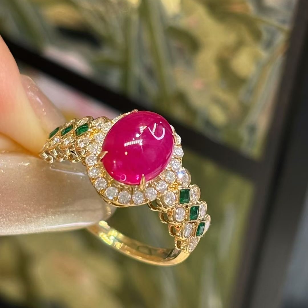 14k Gold 2.2 Ct Natural Ruby & Diamond & Emerald Ring - 5