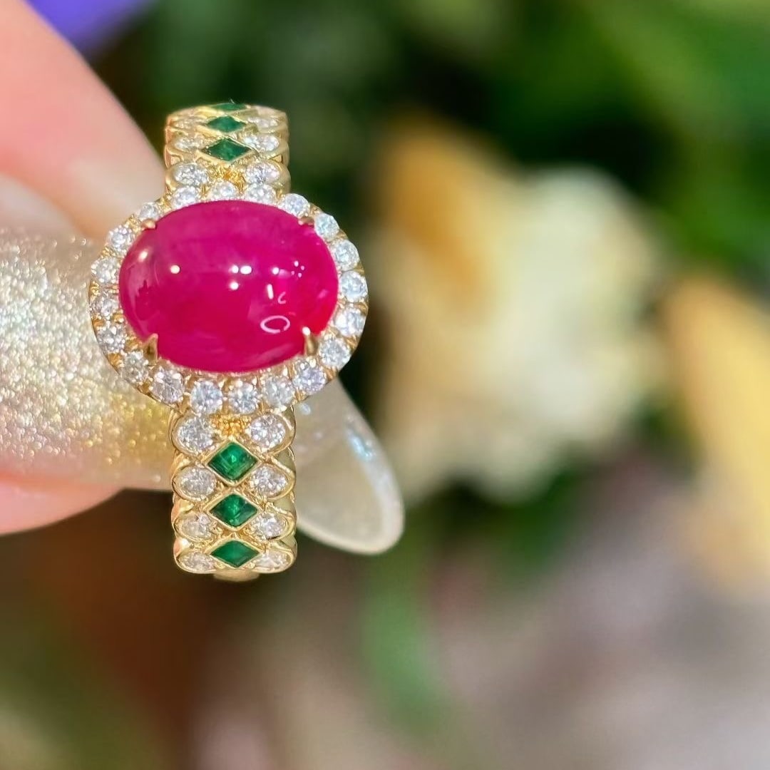 14k Gold 2.2 Ct Natural Ruby & Diamond & Emerald Ring - 7