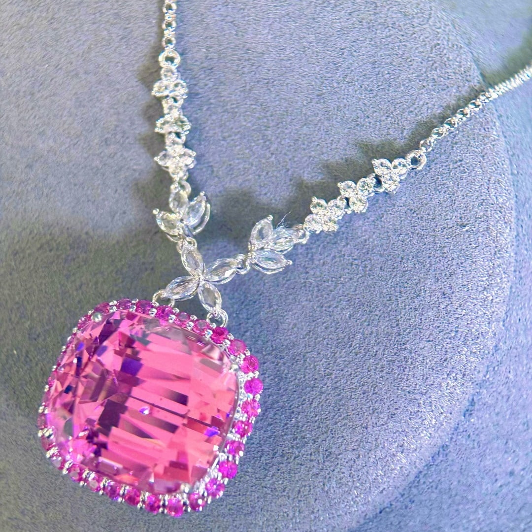 14k Gold 34.84 Ctw Natural Kunzite & Sapphire Necklace - 2