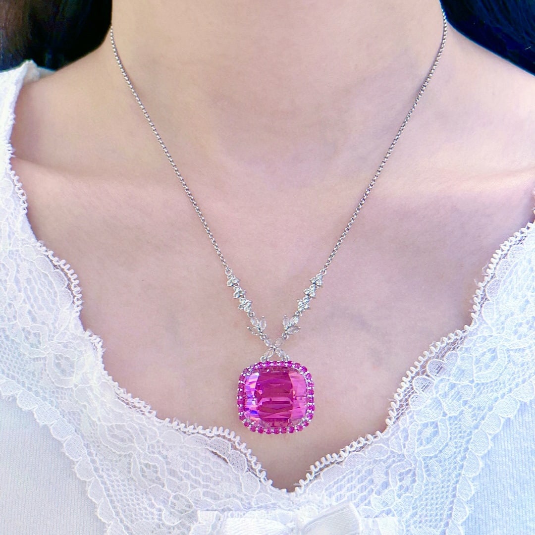 14k Gold 34.84 Ctw Natural Kunzite & Sapphire Necklace - 4