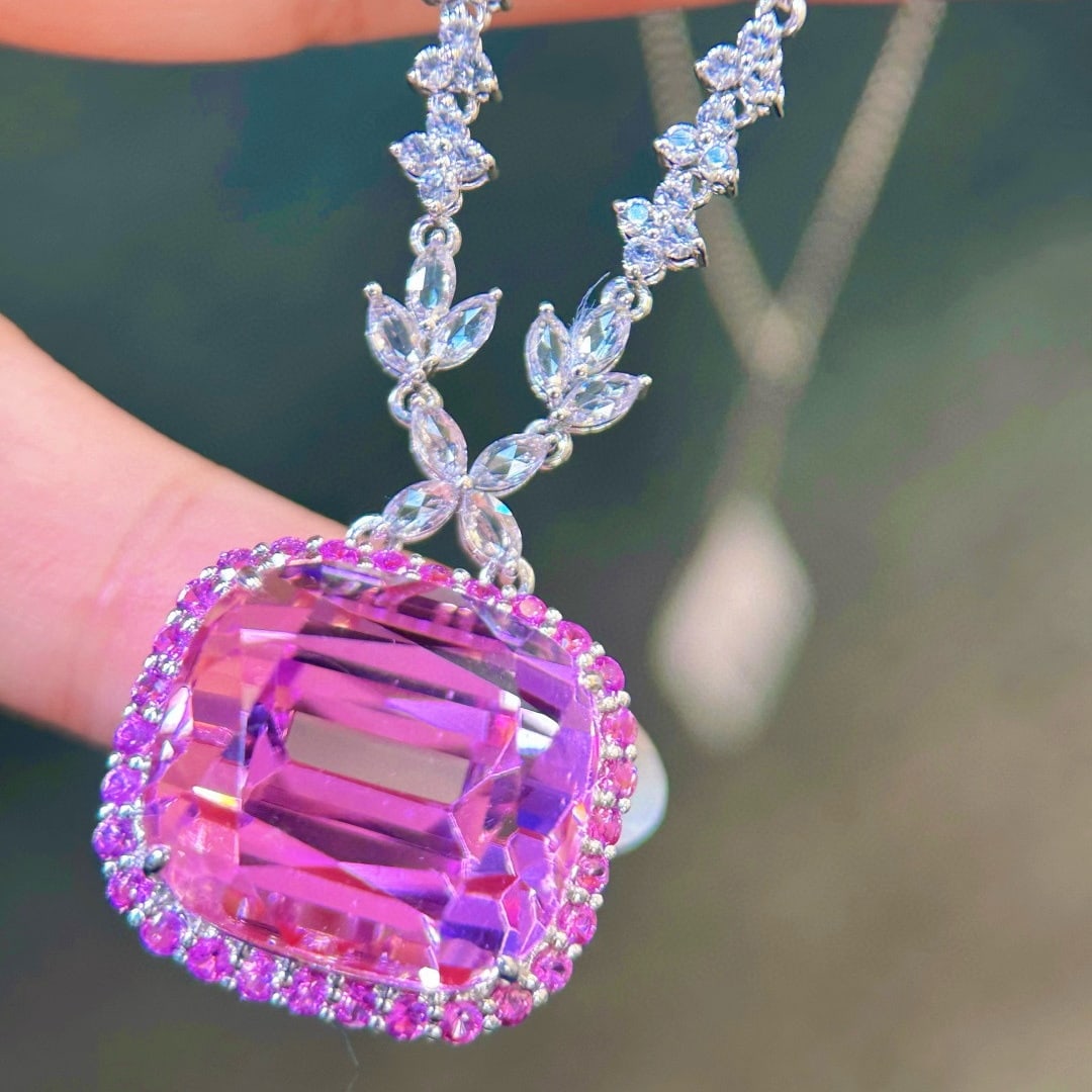 14k Gold 34.84 Ctw Natural Kunzite & Sapphire Necklace - 5