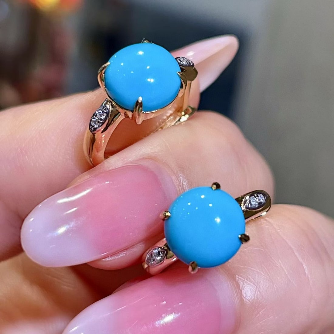 14k Gold 3.43 Ct Natural Blue Turquoise & Diamond Earrings - 2