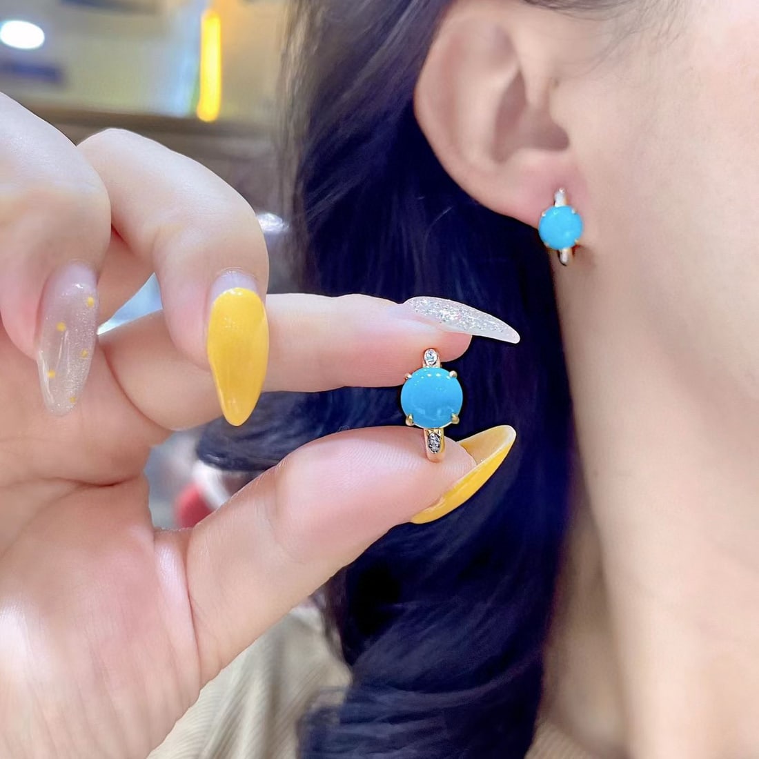 14k Gold 3.43 Ct Natural Blue Turquoise & Diamond Earrings - 4