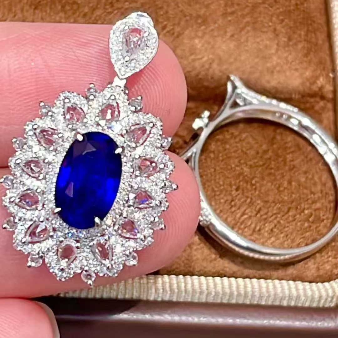 14k Gold 2.36 Ct Natural Sapphire & Diamond & Sapphire Ring/pendant( Without Chain ) - 4