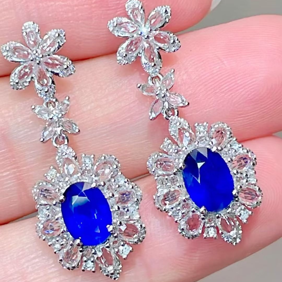 14k Gold 2.02 Ct Natural Sapphire & Diamond & Sapphire Earrings (1 of 5)
