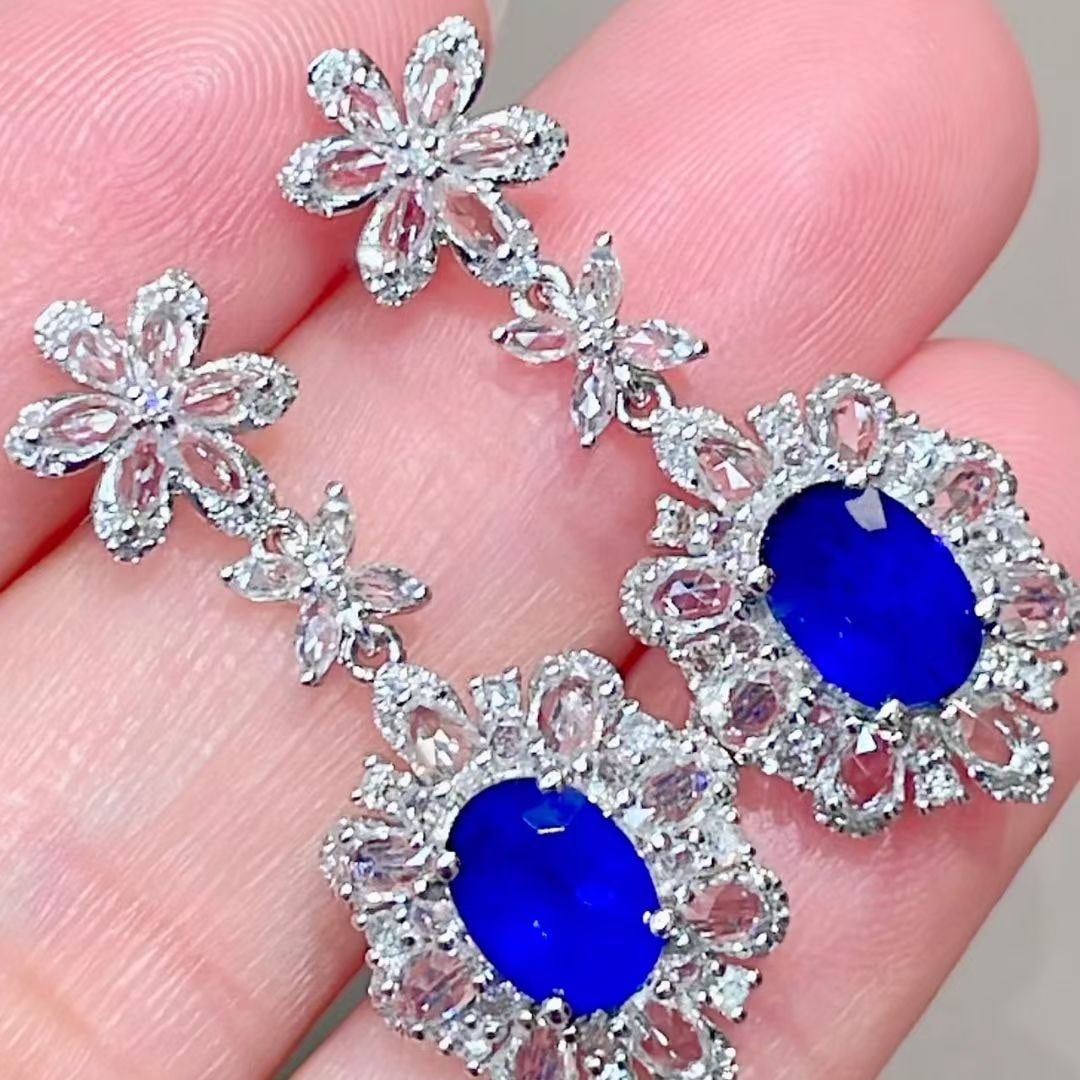 14k Gold 2.02 Ct Natural Sapphire & Diamond & Sapphire Earrings - 2
