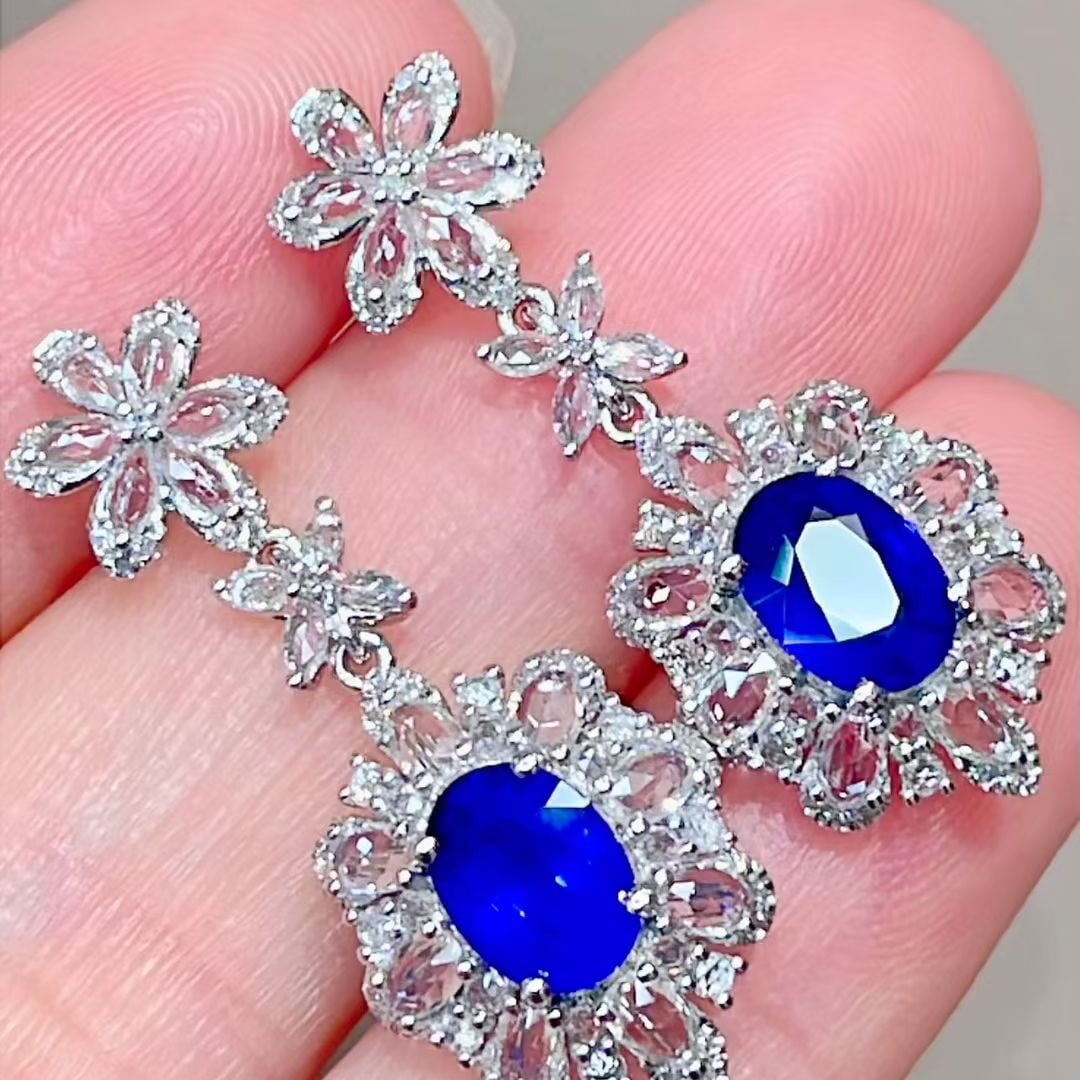 14k Gold 2.02 Ct Natural Sapphire & Diamond & Sapphire Earrings - 3