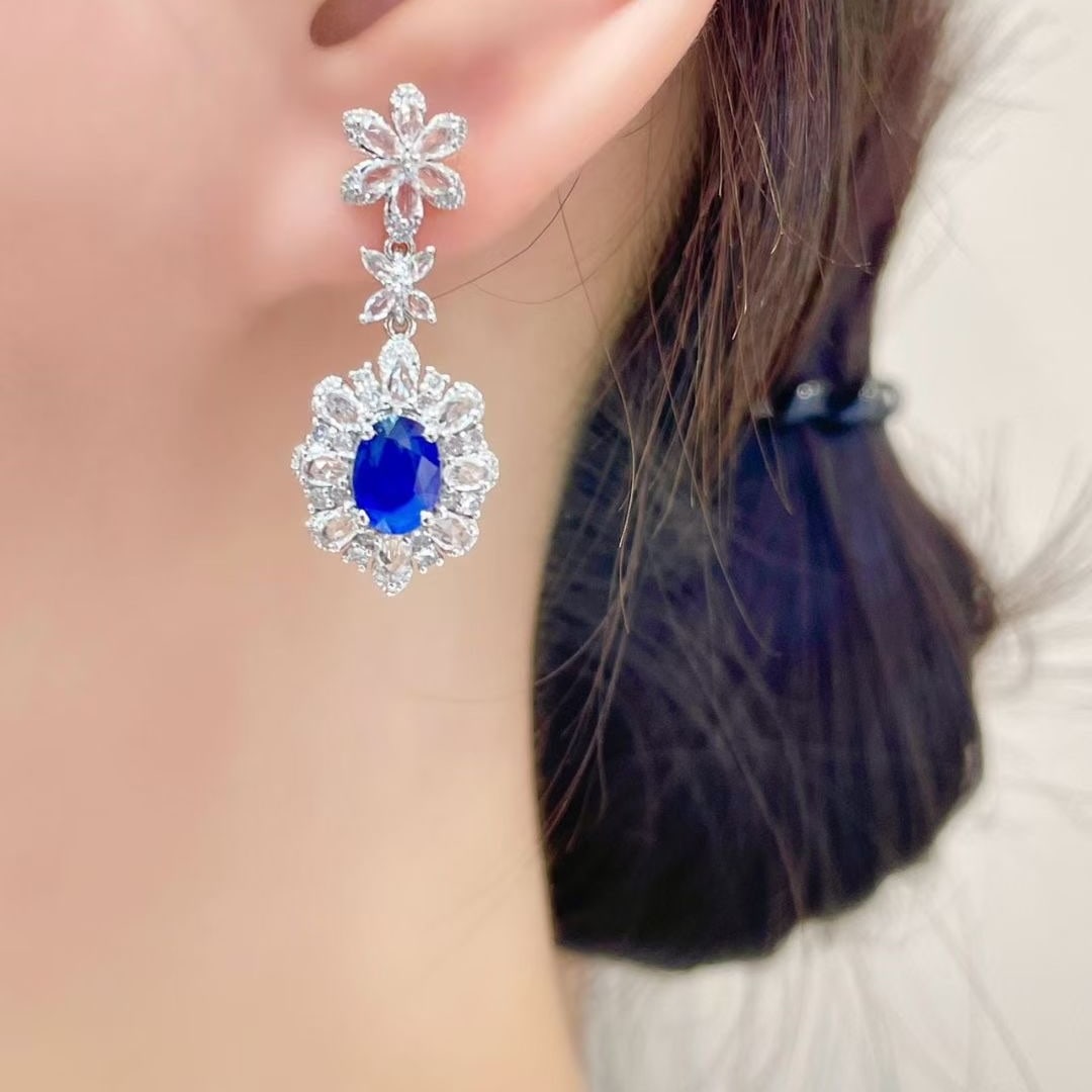 14k Gold 2.02 Ct Natural Sapphire & Diamond & Sapphire Earrings - 4