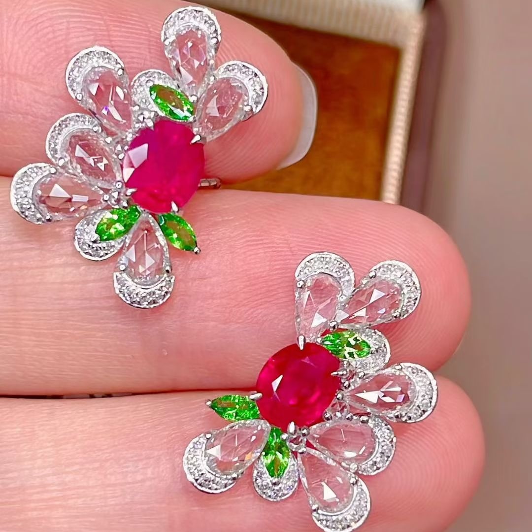 14k Gold 1.7 Ct Natural Ruby & Diamond & Sapphire & Tsavorite Earrings (1 of 6)