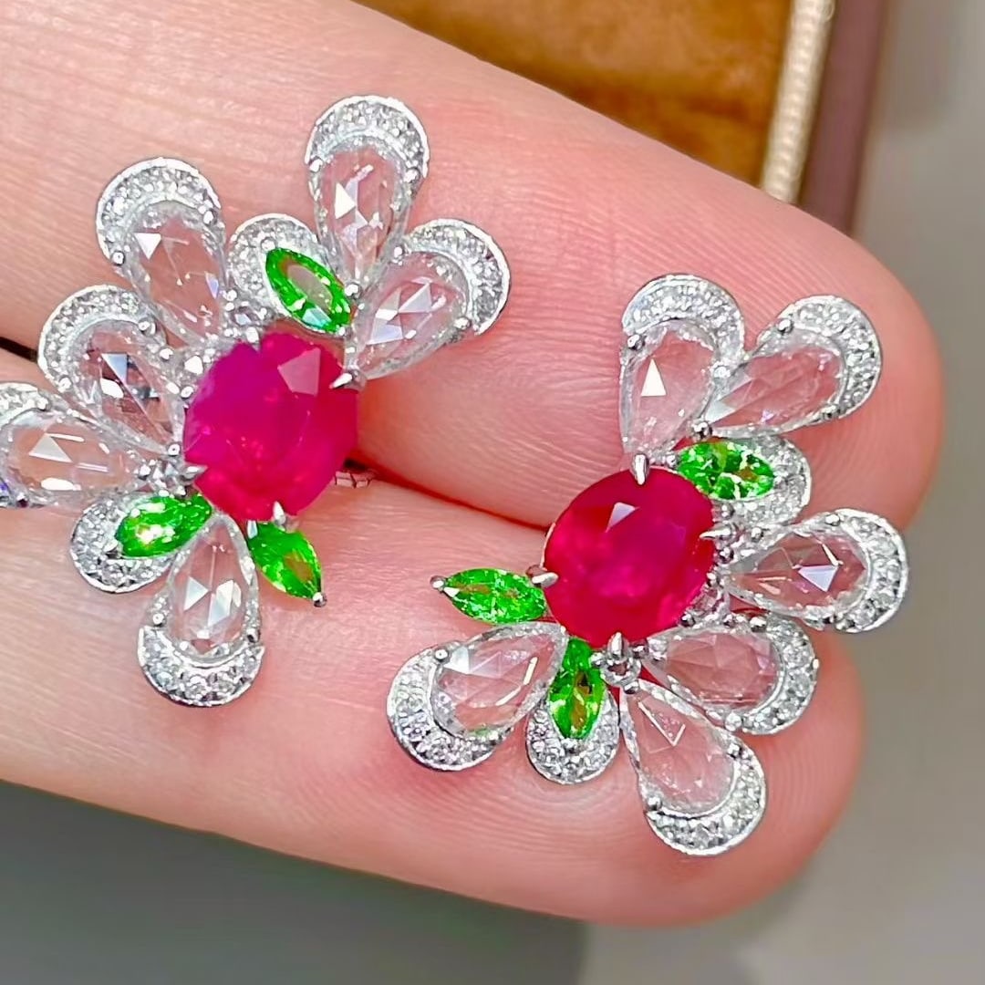 14k Gold 1.7 Ct Natural Ruby & Diamond & Sapphire & Tsavorite Earrings - 2