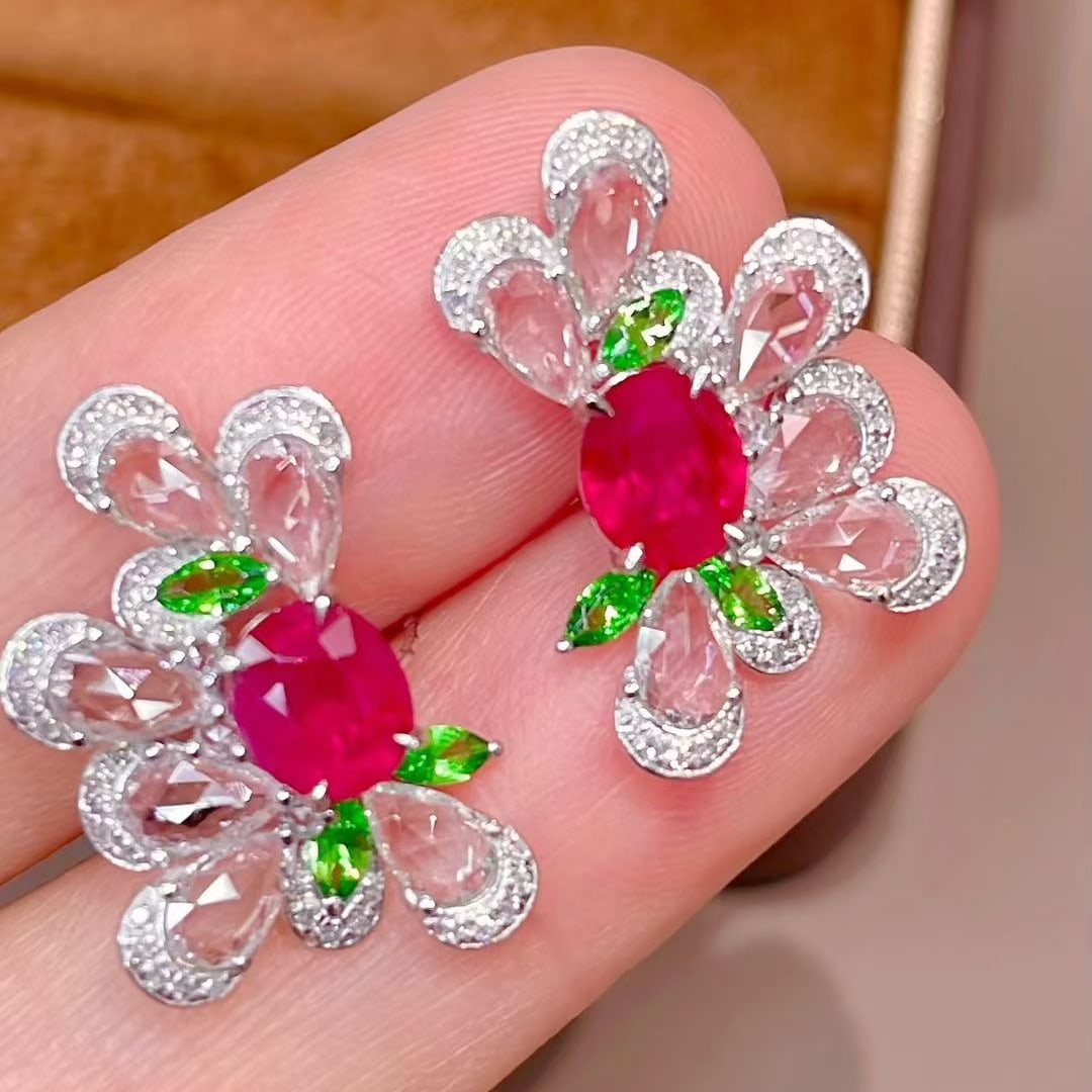 14k Gold 1.7 Ct Natural Ruby & Diamond & Sapphire & Tsavorite Earrings - 3