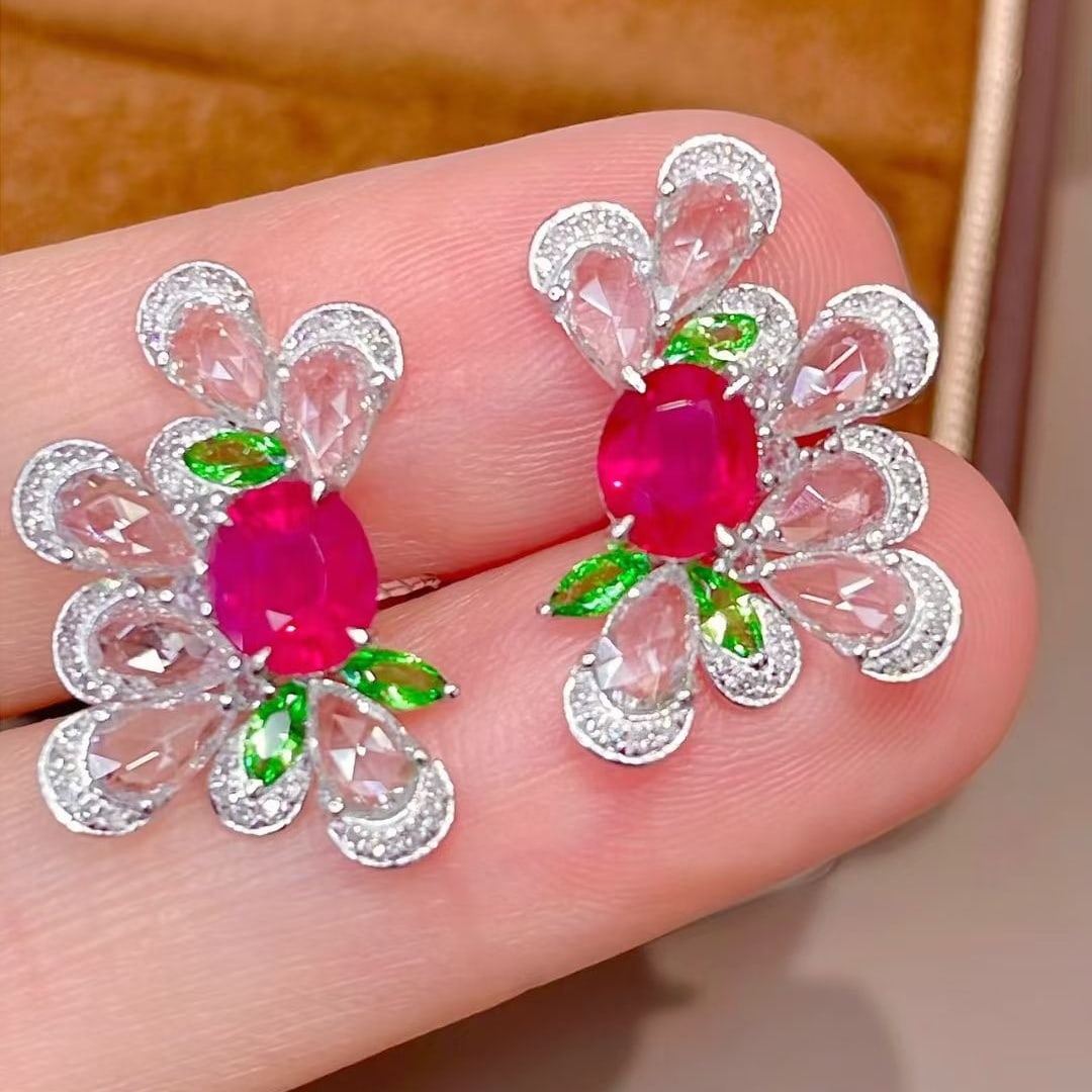14k Gold 1.7 Ct Natural Ruby & Diamond & Sapphire & Tsavorite Earrings - 4