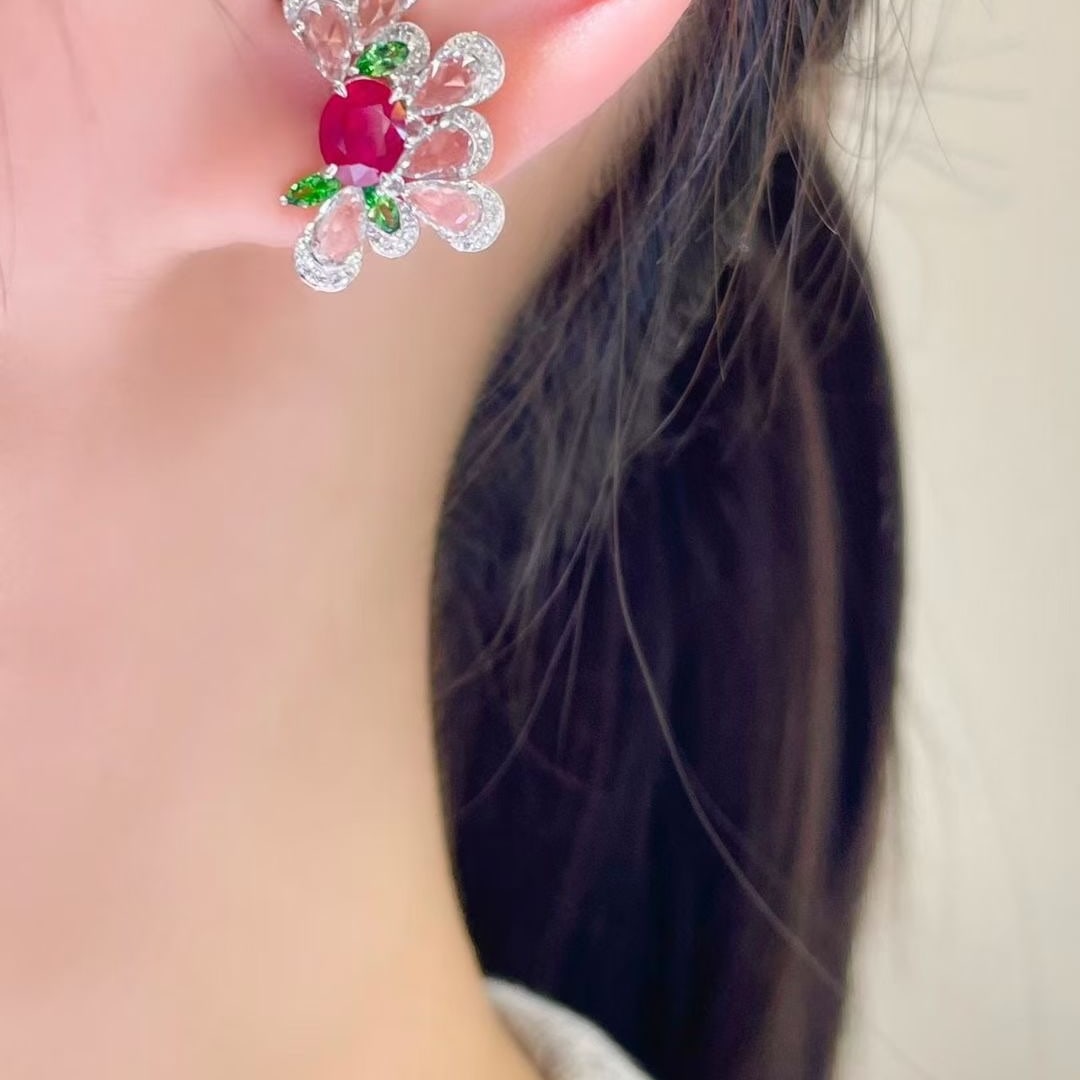 14k Gold 1.7 Ct Natural Ruby & Diamond & Sapphire & Tsavorite Earrings - 5