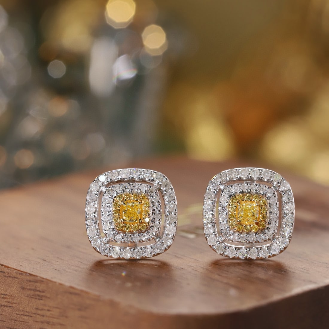 14k Gold 0.70 Ctw Natural Yellow Diamond & Diamond Earrings - 2