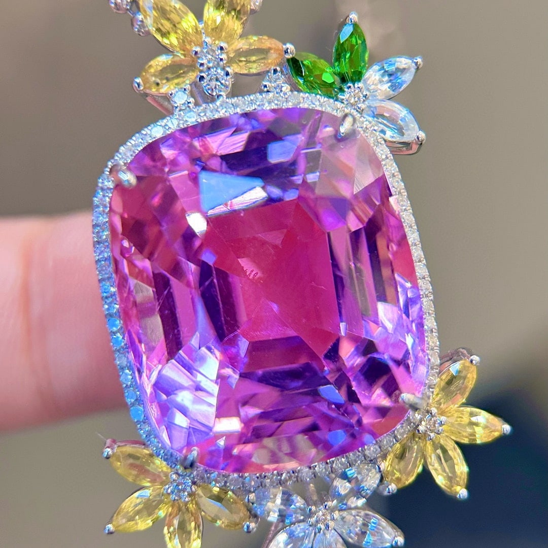 14k Gold 34.86 Ctw Natural Kunzite & Diamond Pendant( Without Chain ) - 2