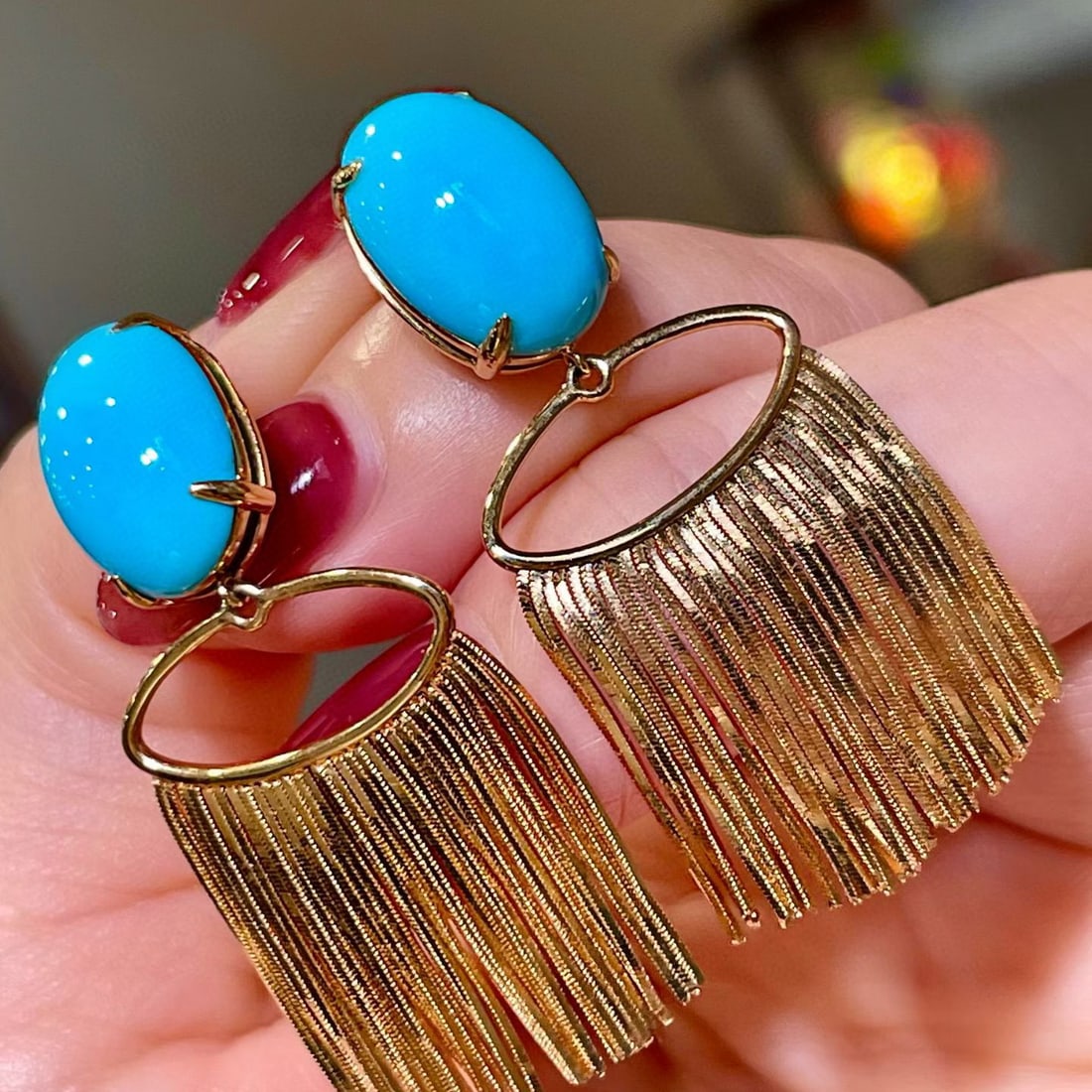 14k Gold 9.25 Ct Natural Blue Turquoise Earrings - 2