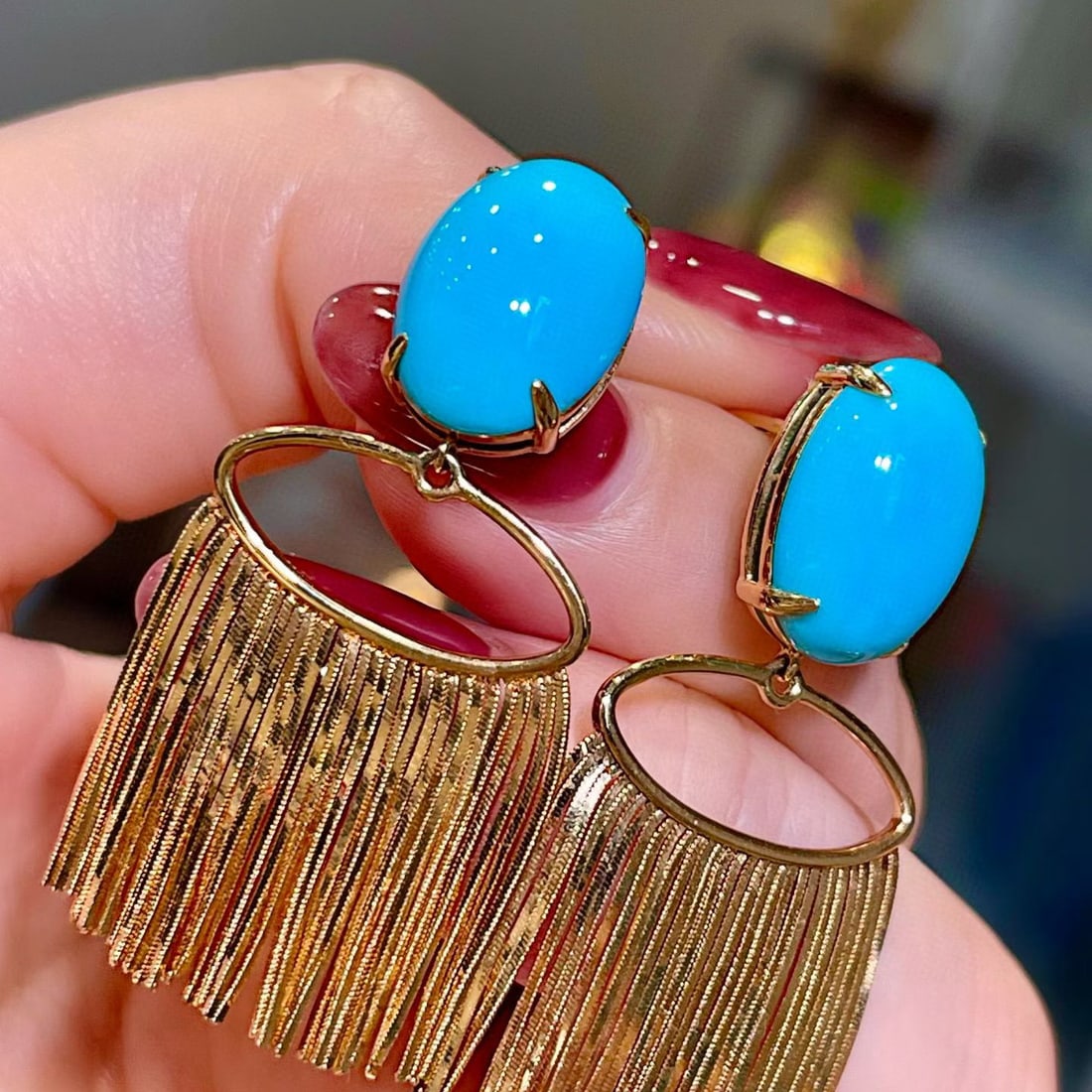 14k Gold 9.25 Ct Natural Blue Turquoise Earrings - 3