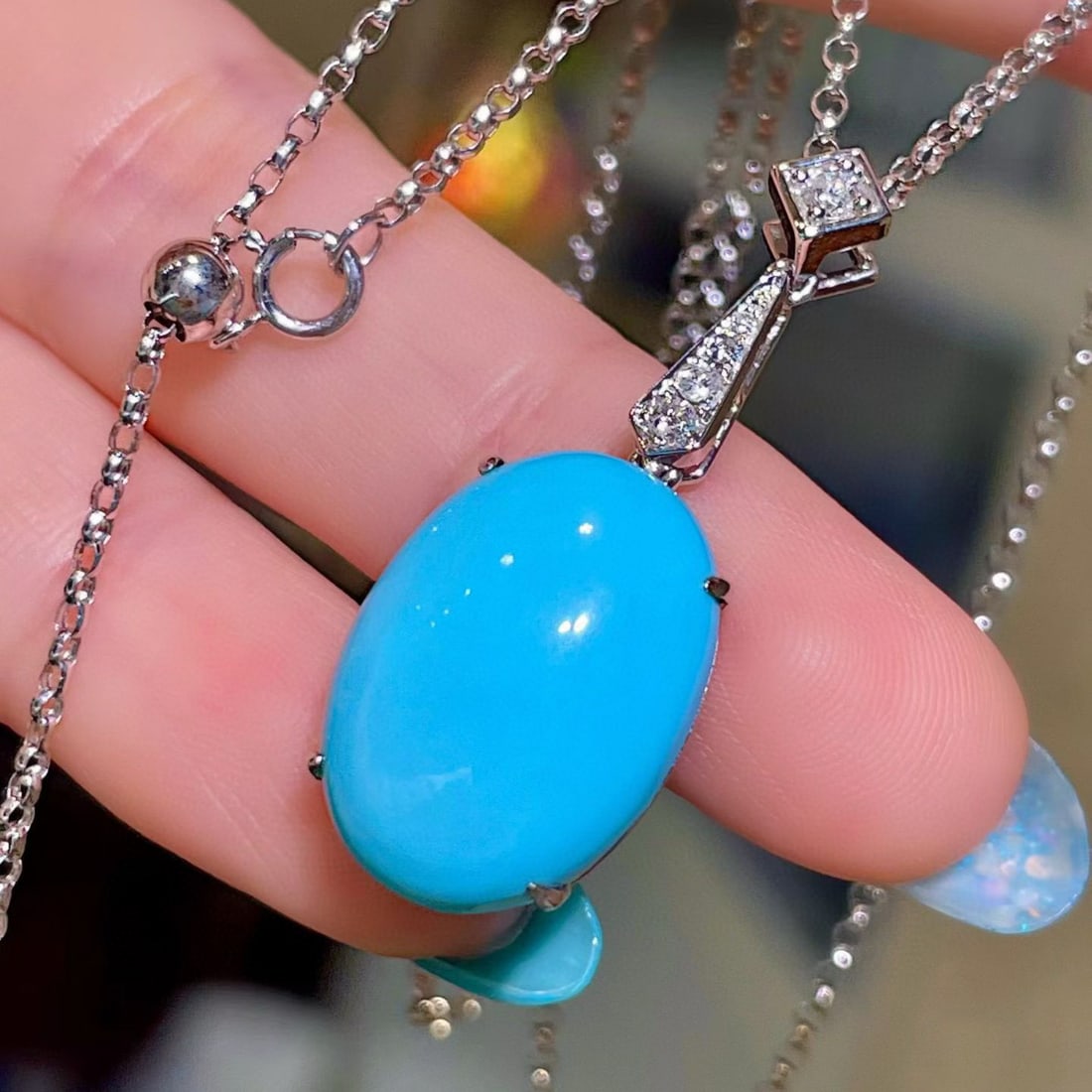 14k Gold 10.11 Ctw Natural Blue Turquoise & Diamond Necklace - 3