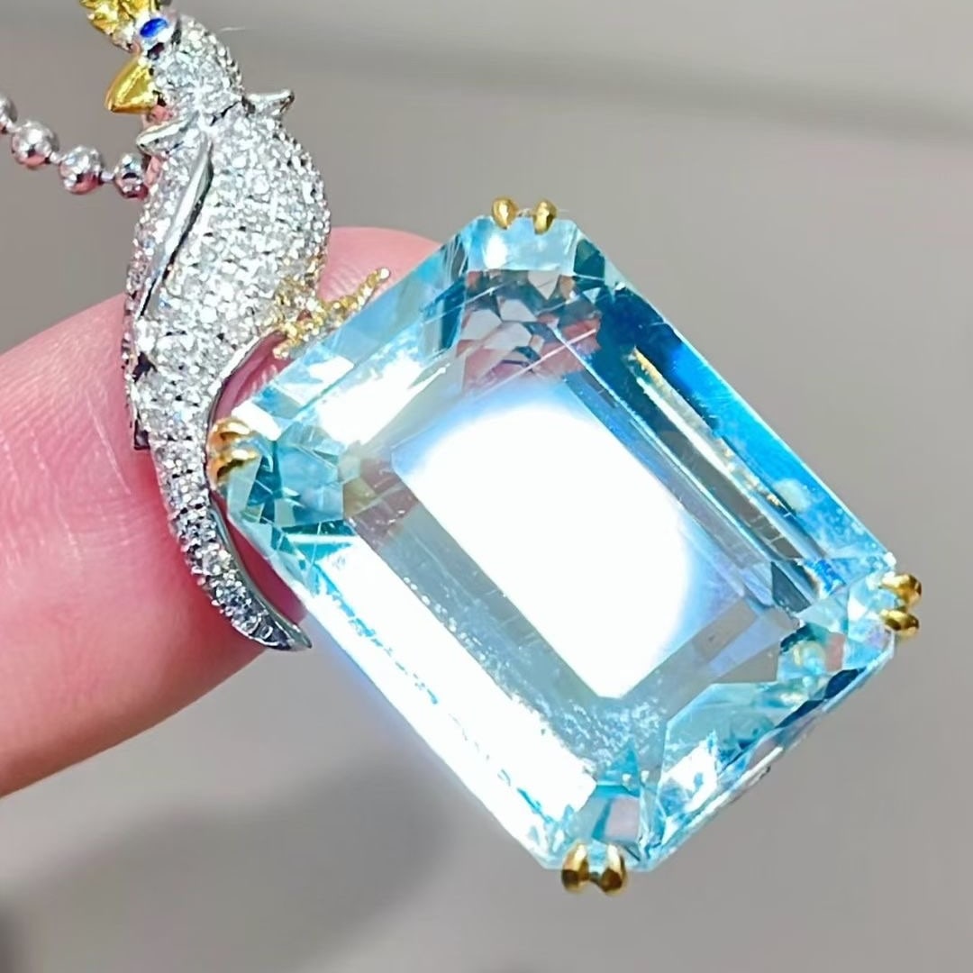 14k Gold 14 Ct Natural Aquamarine & Diamond Pendant( Without Chain ) - 2