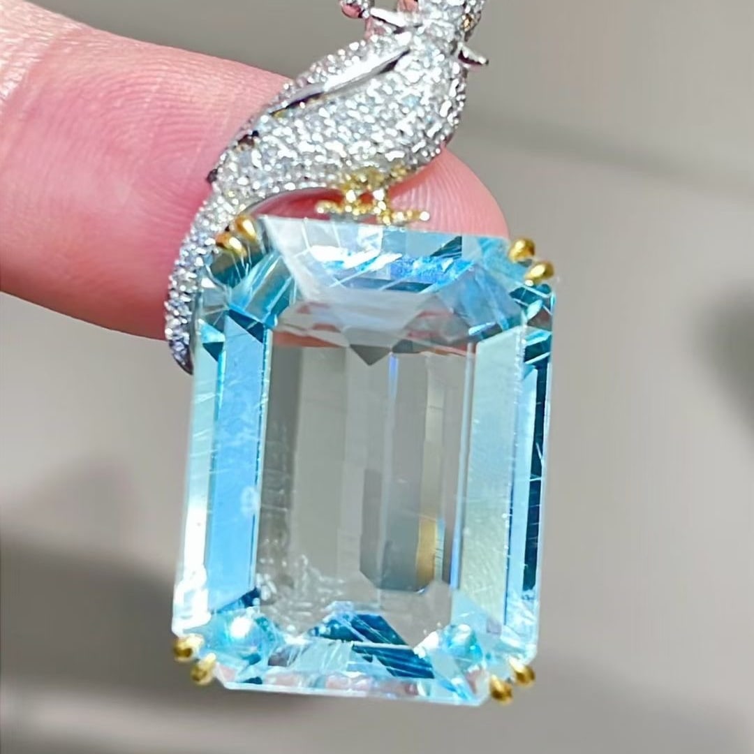 14k Gold 14 Ct Natural Aquamarine & Diamond Pendant( Without Chain ) - 3
