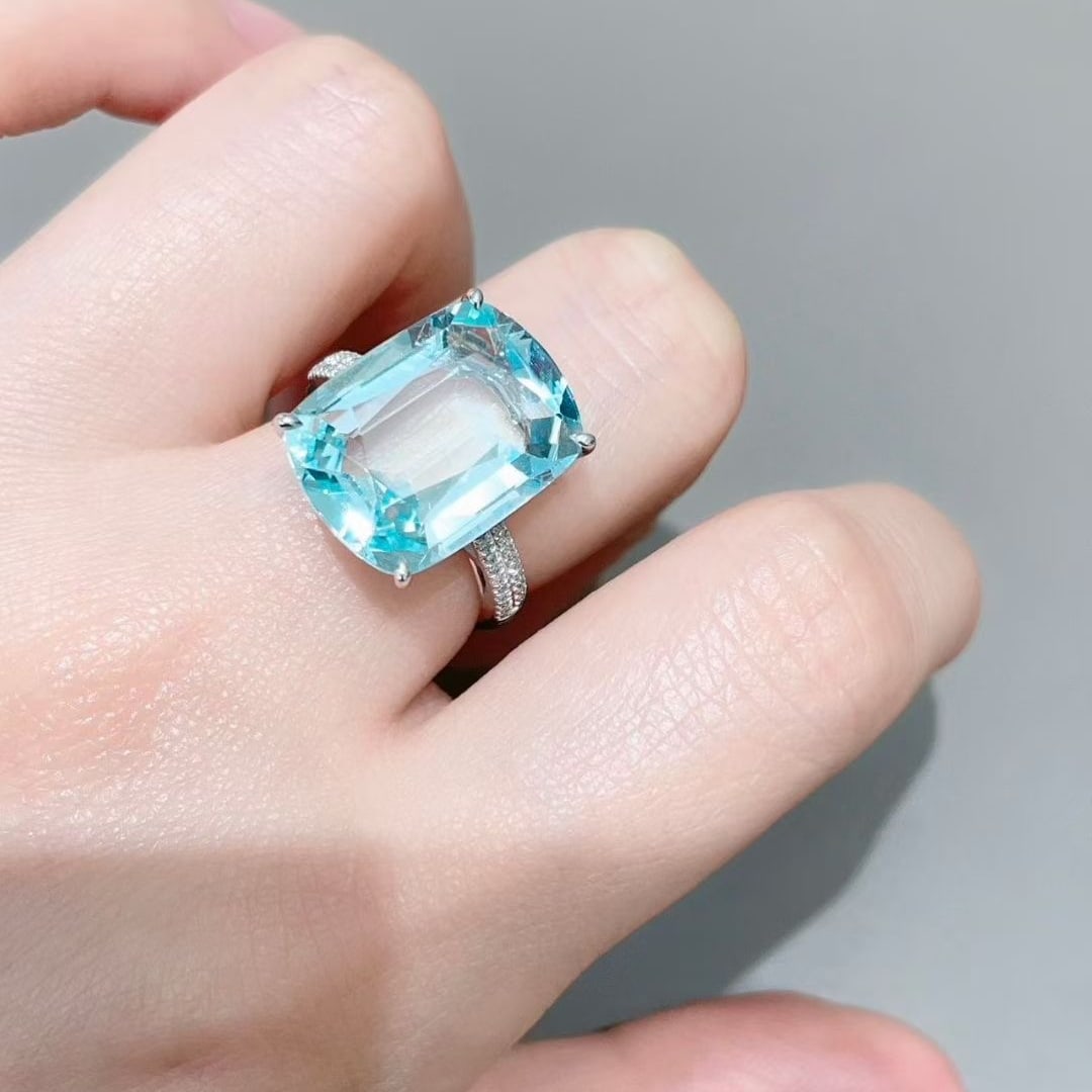 14k Gold 10 Ct Natural Aquamarine & Diamond Ring - 6