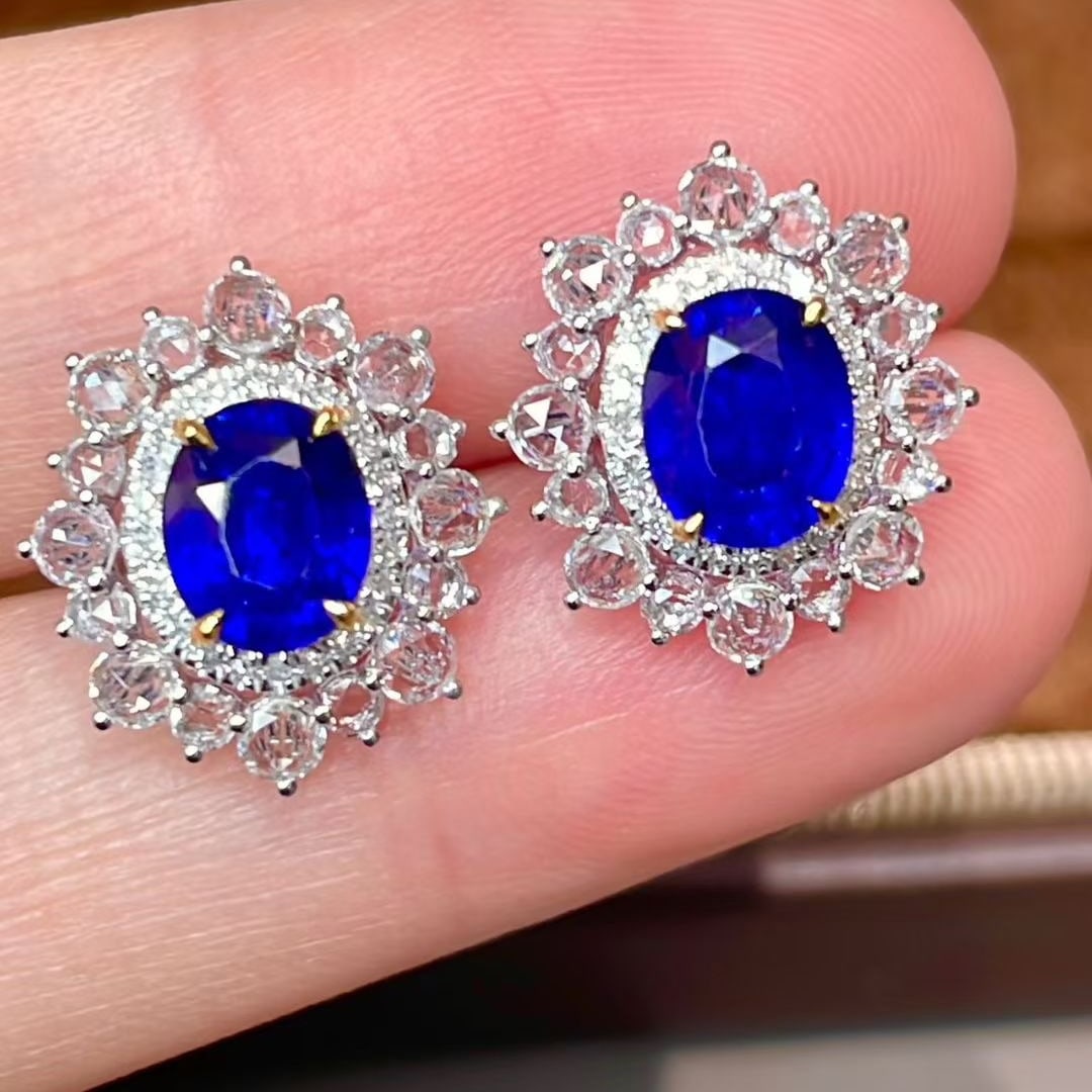 14k Gold 3.05 Ct Vivid Blue Natural Sapphire & Diamond & Sapphire Earrings - 2