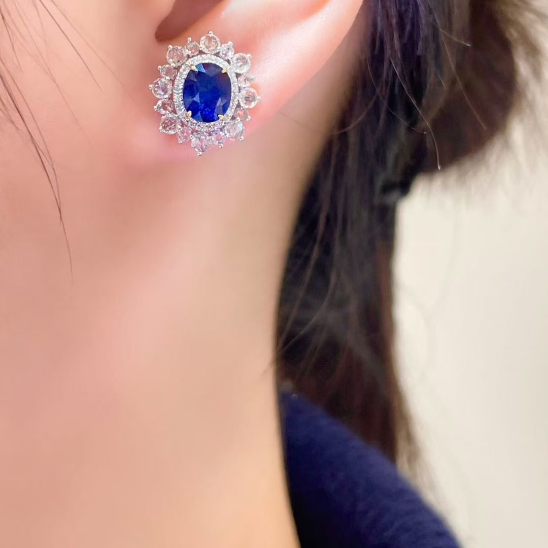 14k Gold 3.05 Ct Vivid Blue Natural Sapphire & Diamond & Sapphire Earrings - 4