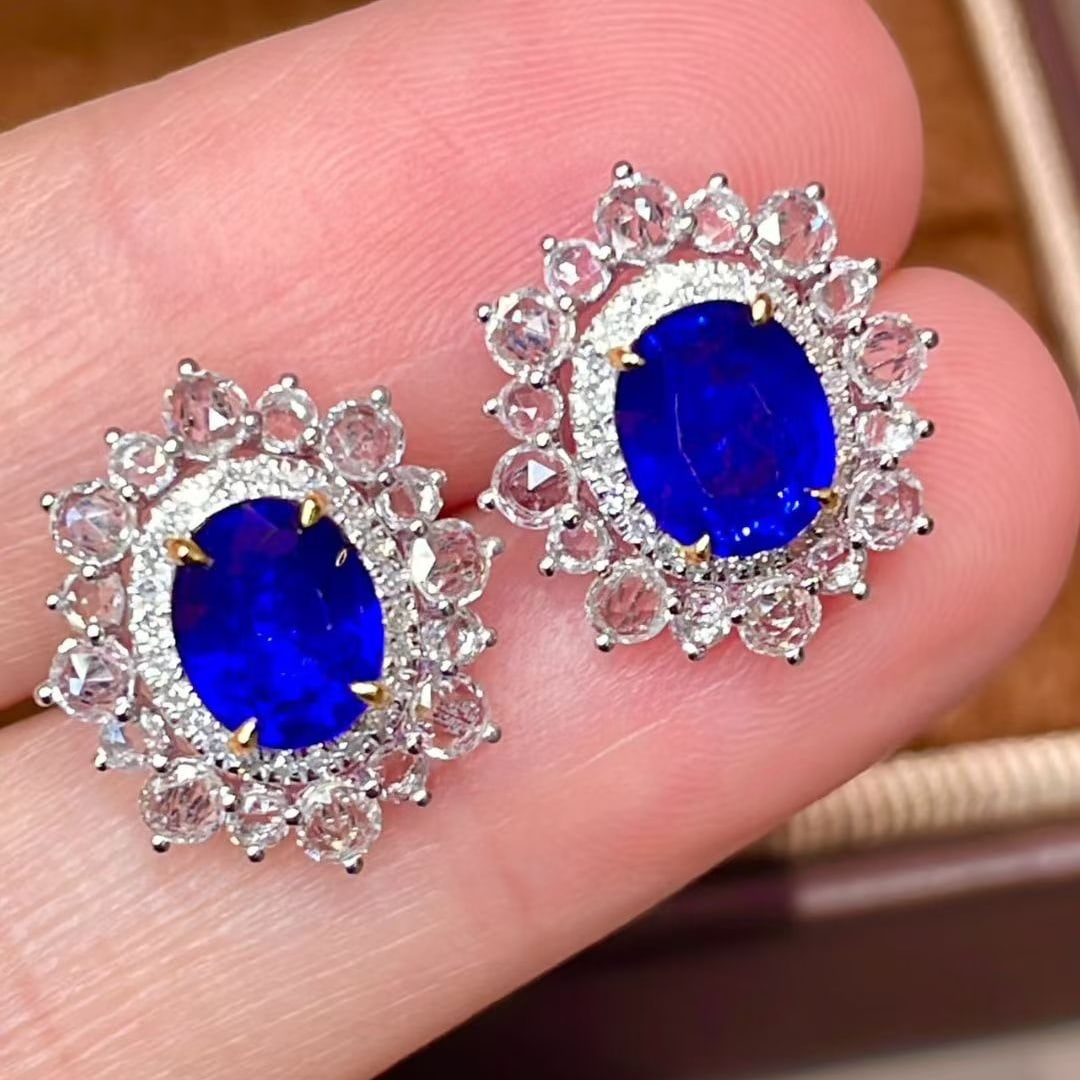 14k Gold 3.05 Ct Vivid Blue Natural Sapphire & Diamond & Sapphire Earrings - 5