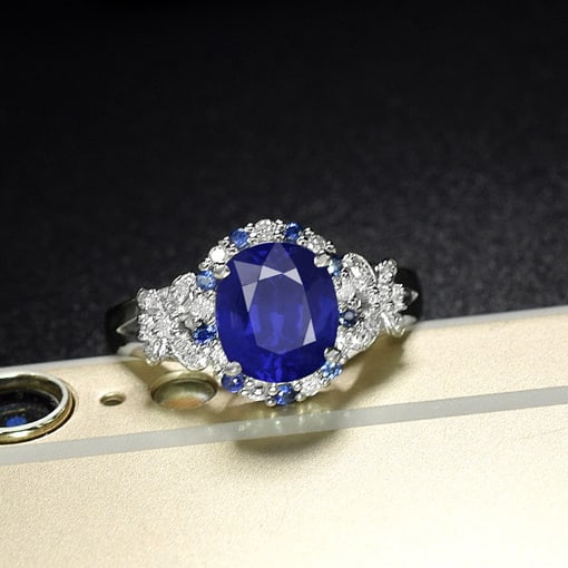 14k Gold 2.37 Ctw Natural Sapphire & Diamond Ring: Ref:231089253 // gold content:14k gold // ring size:7. 25us // // main gemstone:sapphire // shape:oval // carat weight:2. 12ct // color:blue // treatment:natural // // adjacent gemstone 2 :