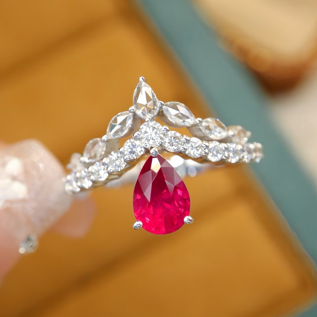 14k Gold 1.64 Ctw Natural Ruby & Diamond Ring: Ref:231089254 // gold content:14k gold // ring size:7. 25us // // main gemstone:ruby // shape:pear // carat weight:1. 05ct // color:pigeonblood red // treatment:natural // // adjacent gemstone 2 :