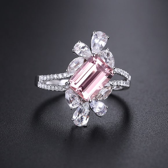 14k Gold 2.82 Ctw Natural Morganite & Sapphire Ring: Ref:231090004 // gold content:14k gold // ring size:7. 25us // // main gemstone:morganite // shape:octagonal // carat weight:1. 54ct // color:pink // treatment:natural // // adjacent gemstone 2 :