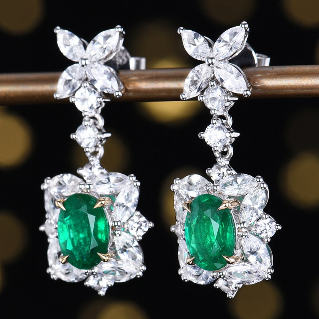 14k Gold 3.93 Ctw Vivid Green Natural Emerald & Sapphire Earrings - 2