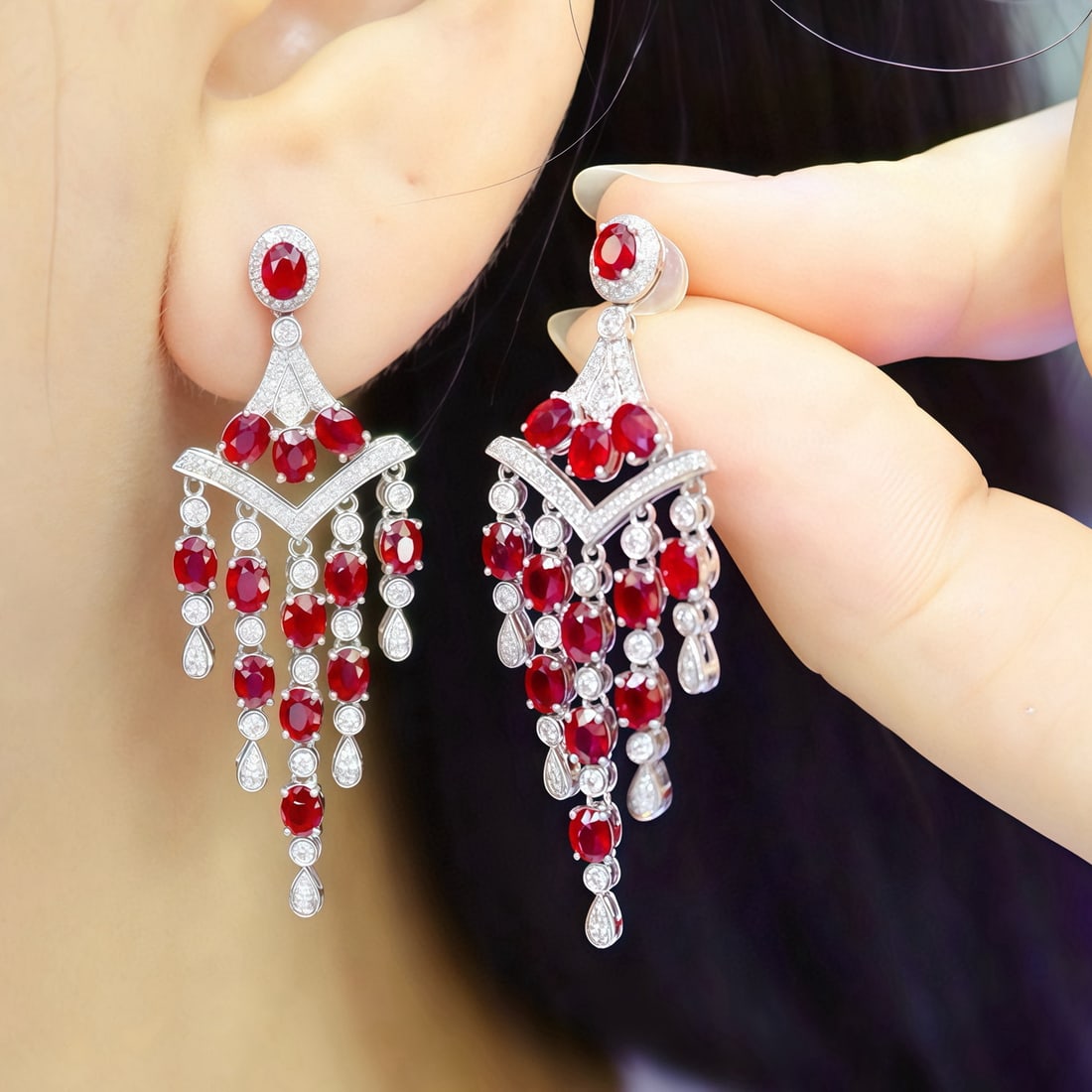 14k Gold 5.65 Ctw Natural Ruby & Diamond Earrings - 5