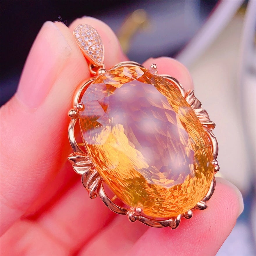 14k Gold 35 Ct Natural Citrine & Diamond Pendant( Without Chain ) - 2
