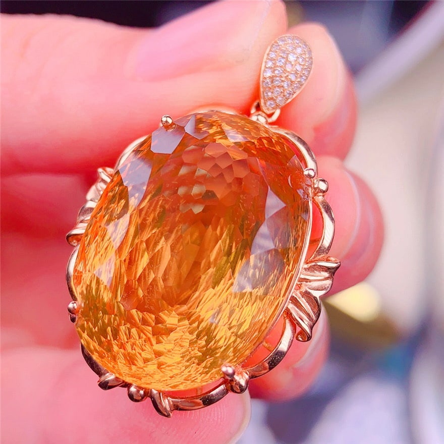 14k Gold 35 Ct Natural Citrine & Diamond Pendant( Without Chain ) - 3