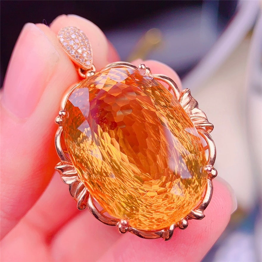 14k Gold 35 Ct Natural Citrine & Diamond Pendant( Without Chain ) - 4