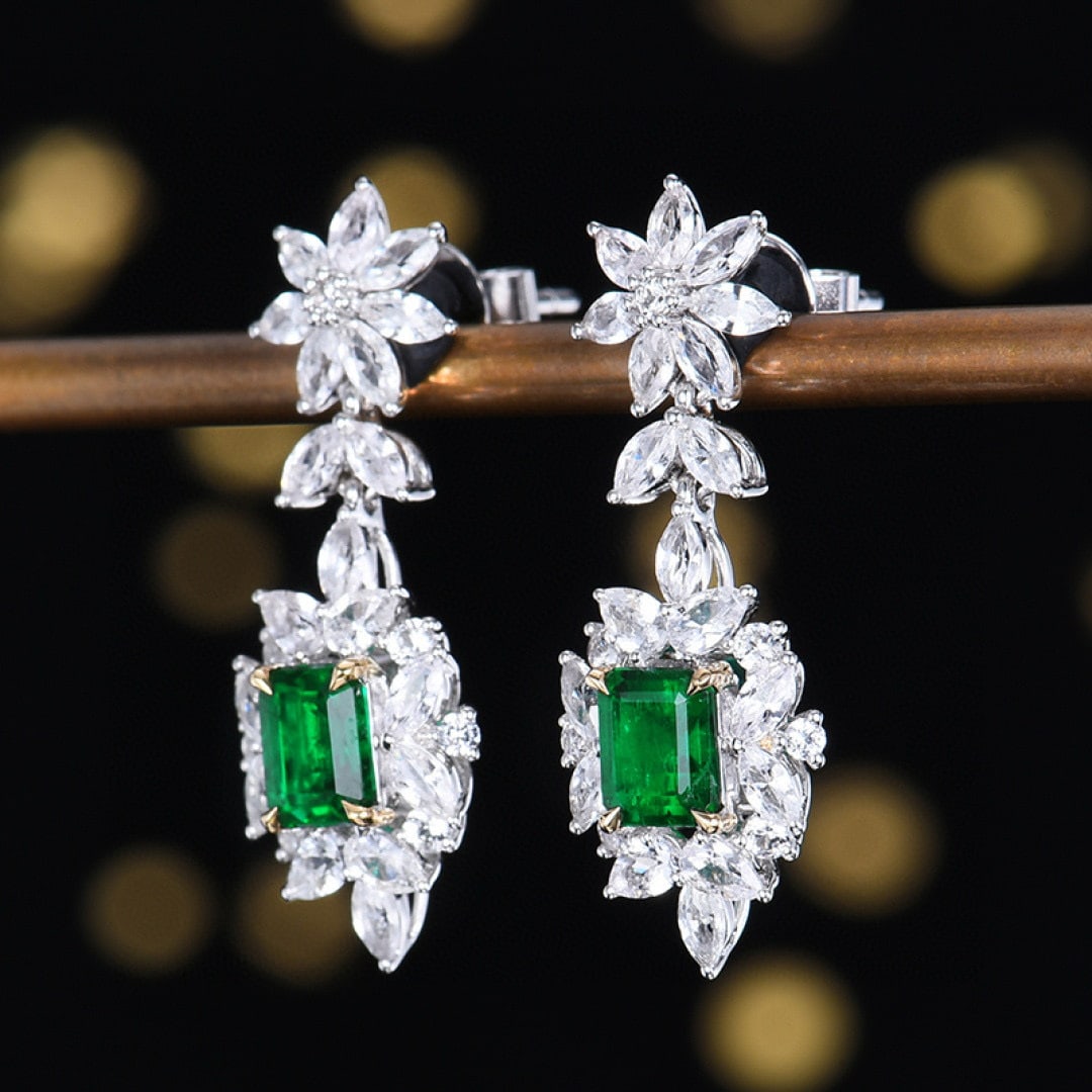 14k Gold 2.50 Ctw Vivid Green Natural Emerald & Sapphire Earrings - 2