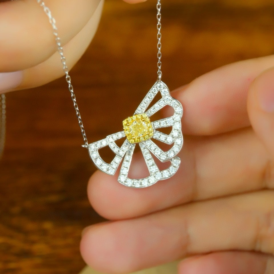 14k Gold 0.84 Ctw Natural Yellow Diamond & Diamond Necklace - 3