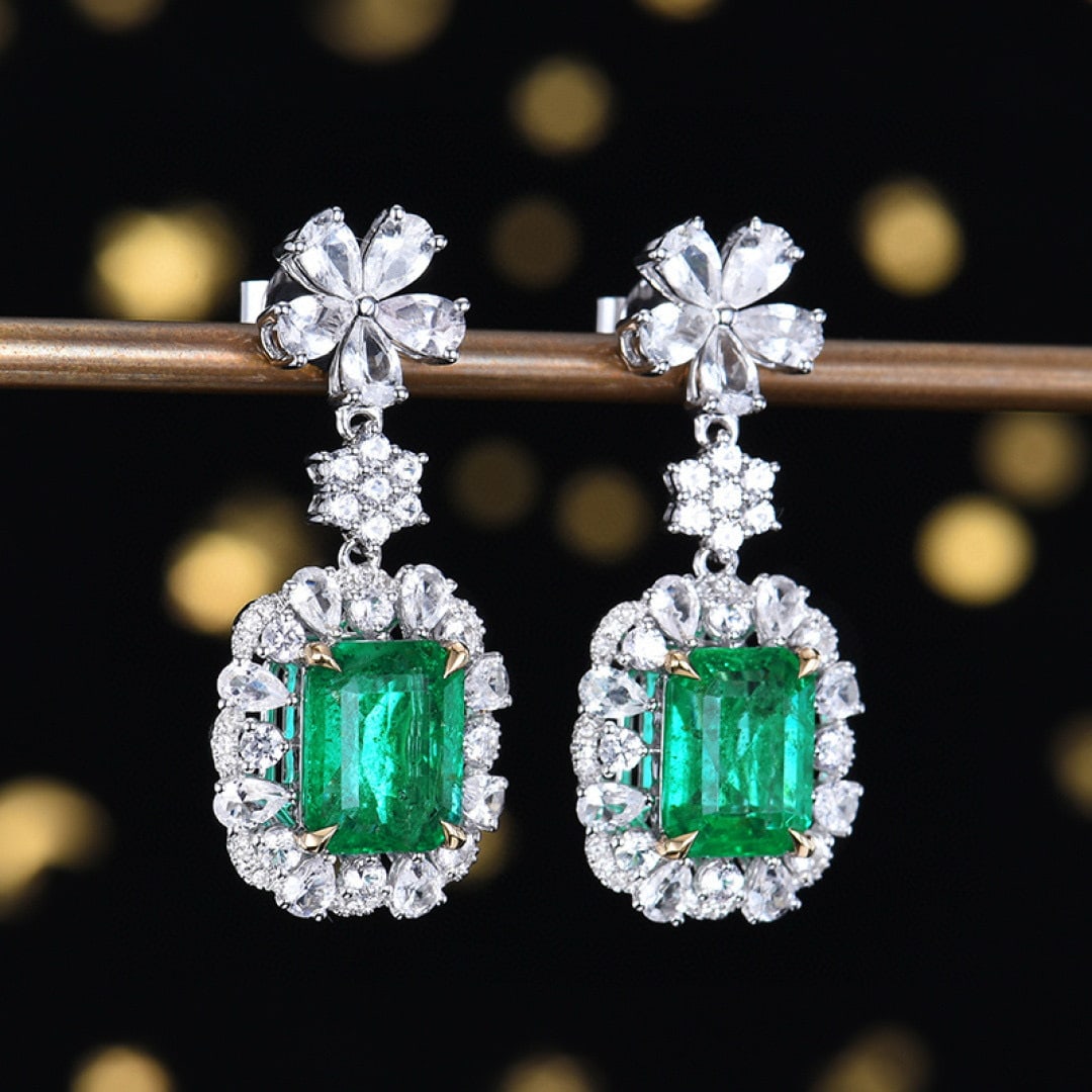 14k Gold 3.89 Ctw Vivid Green Natural Emerald & Diamond Earrings - 3