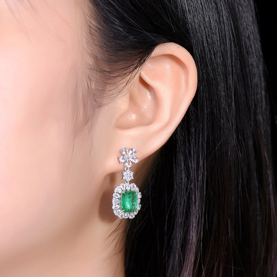 14k Gold 3.89 Ctw Vivid Green Natural Emerald & Diamond Earrings - 5