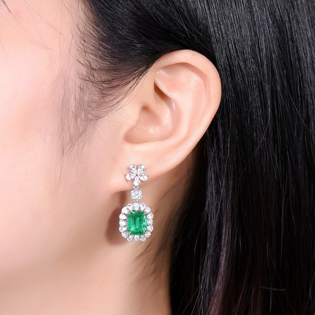 14k Gold 3.89 Ctw Vivid Green Natural Emerald & Diamond Earrings - 6