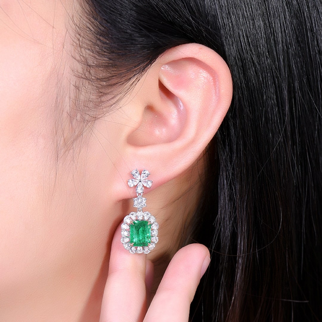14k Gold 3.89 Ctw Vivid Green Natural Emerald & Diamond Earrings - 7