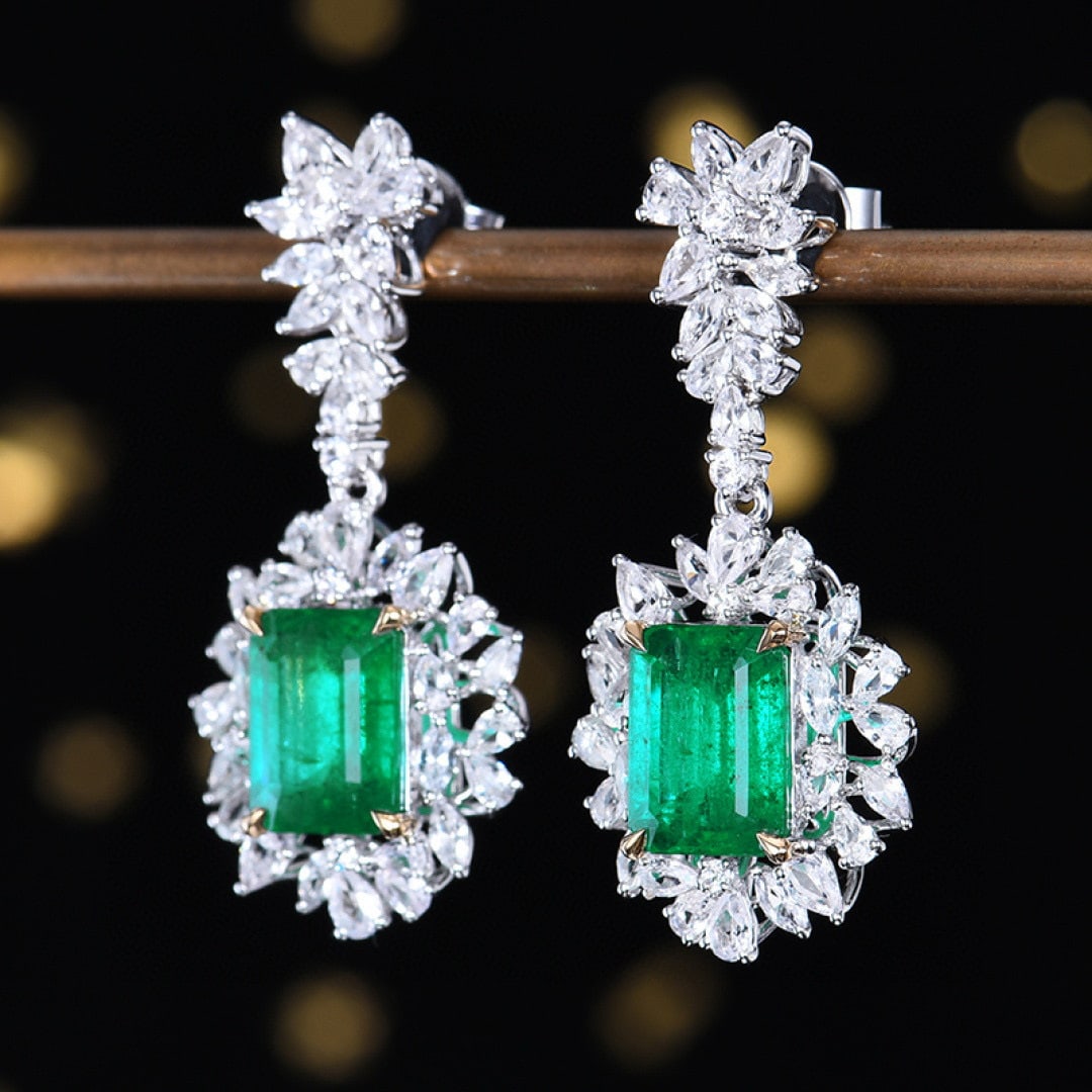 14k Gold 7.16 Ctw Vivid Green Natural Emerald & Sapphire Earrings - 2