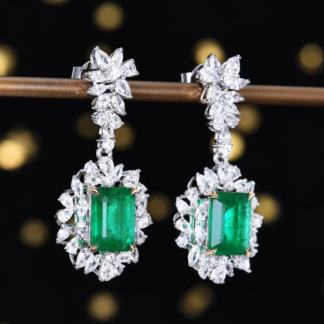 14k Gold 7.16 Ctw Vivid Green Natural Emerald & Sapphire Earrings - 3