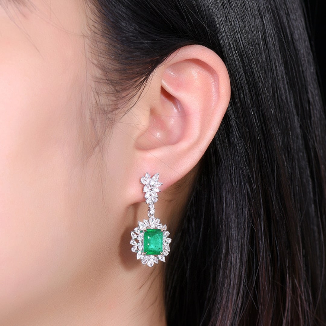 14k Gold 7.16 Ctw Vivid Green Natural Emerald & Sapphire Earrings - 5